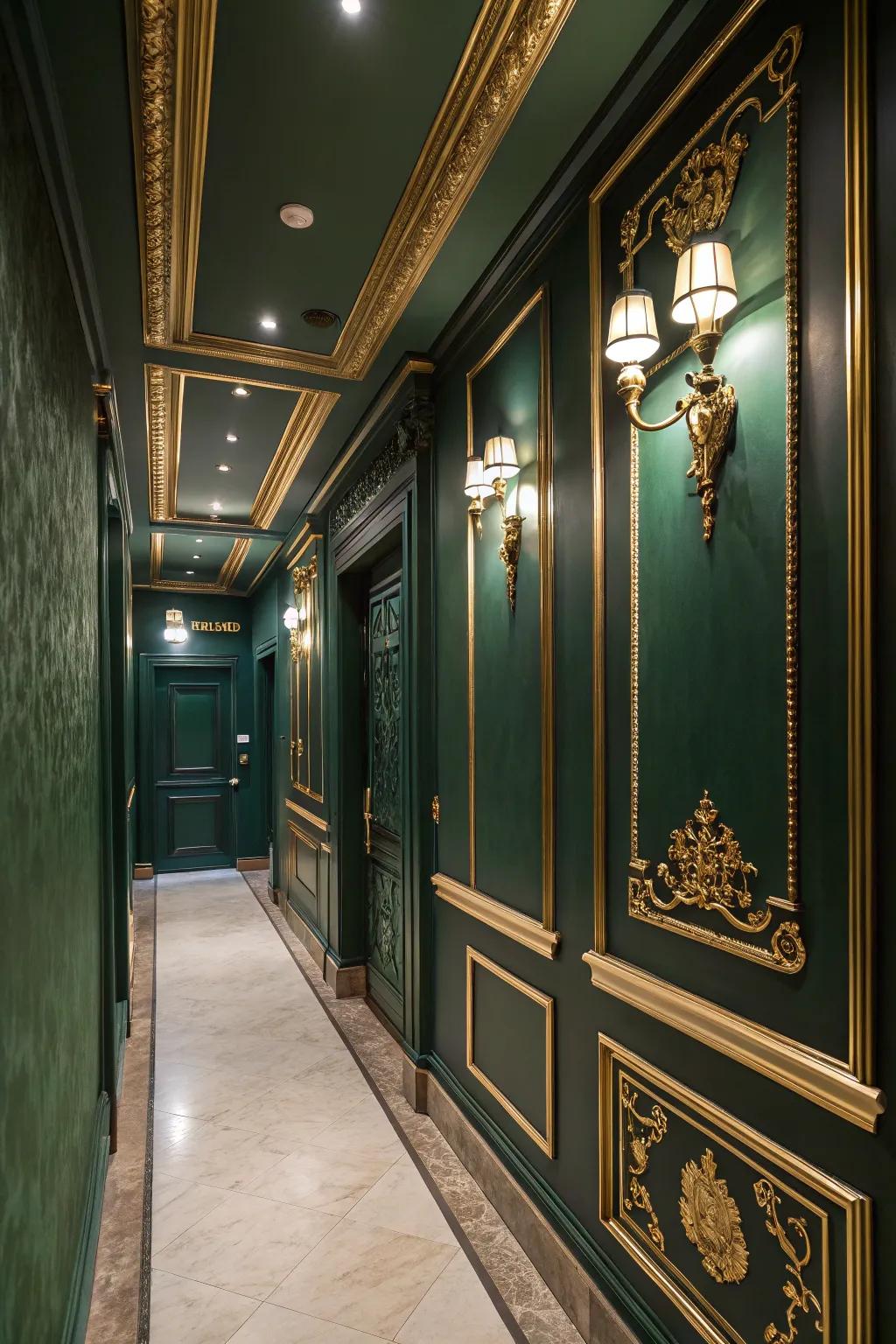 Gold details enhance the elegance of the deep green hallway.