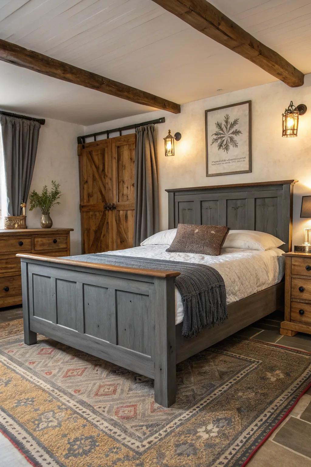 Country wooden details complement the modern grey bed frame.