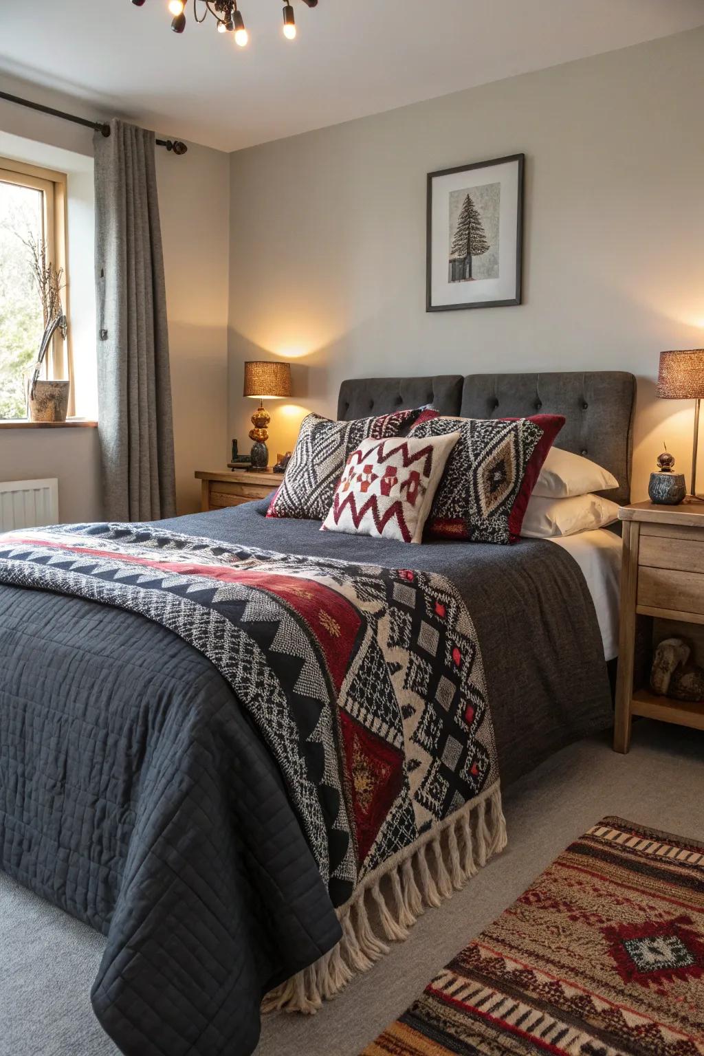 The tranquility of charcoal bedding is enlivened by patterns.