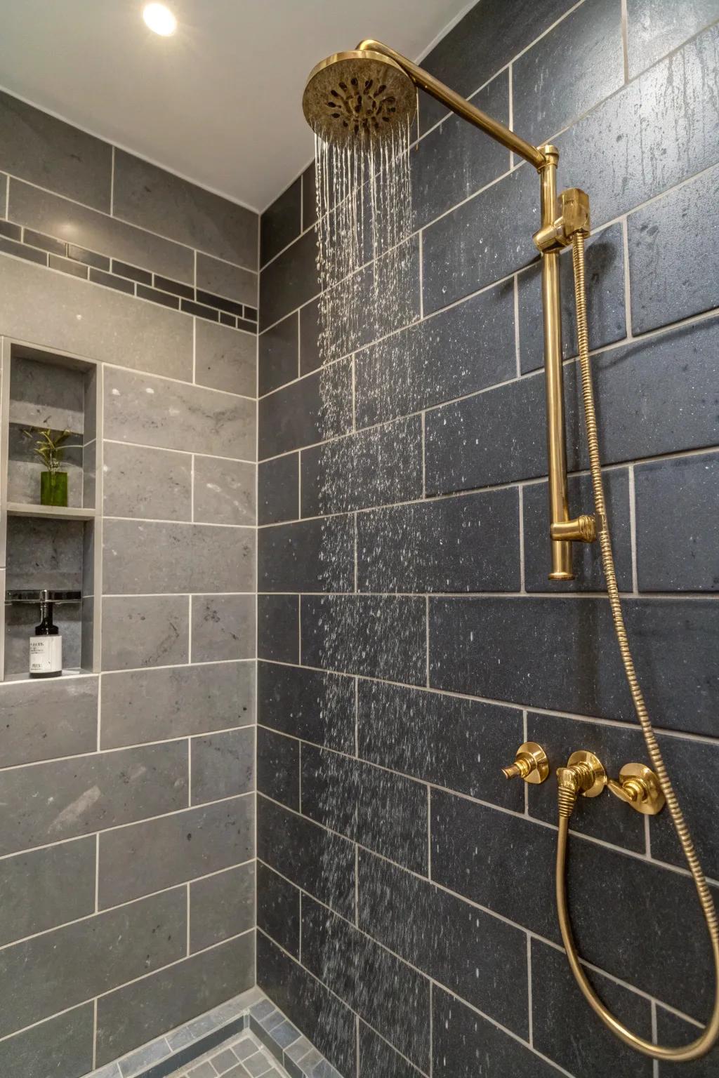 Metallic fixtures complement the modern aesthetic of dark grey tiles.