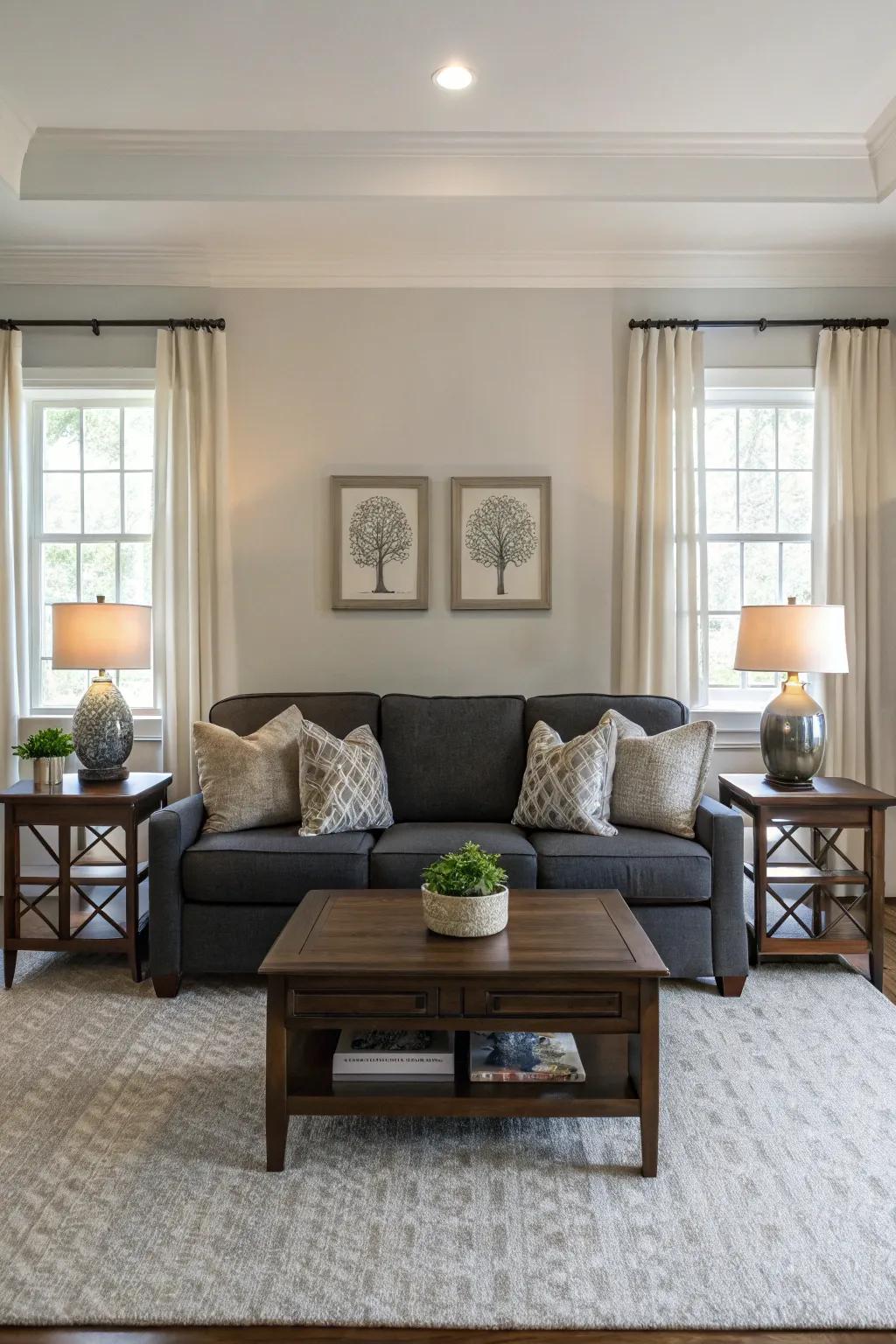 Symmetry adds balance and harmony to a grey couch layout.