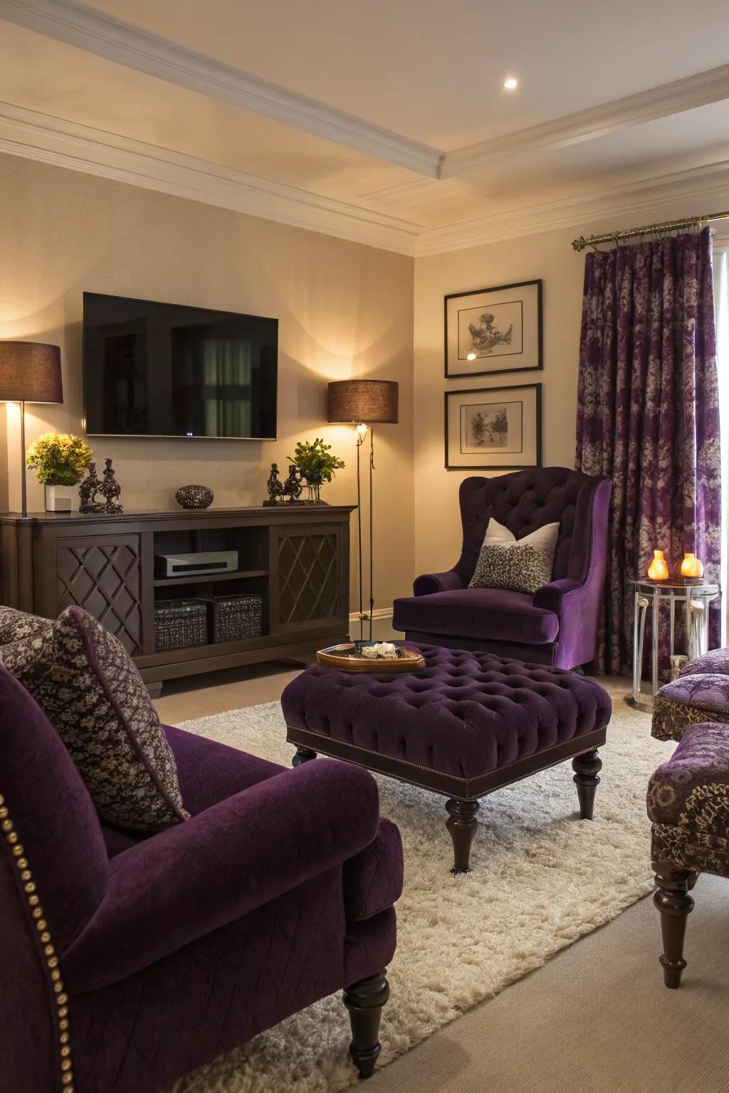 Deep violet details instill a sense of charm and sophistication into this refined lounge.