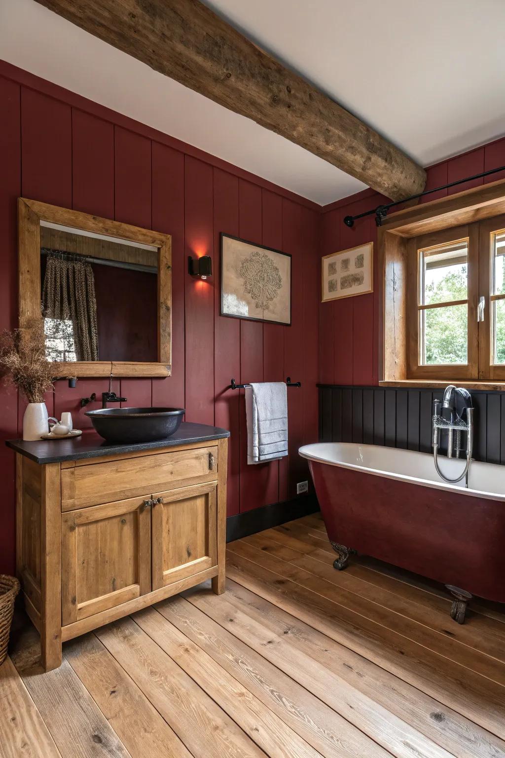 Natural components deliver warmth and equilibrium to a deep crimson bathroom.