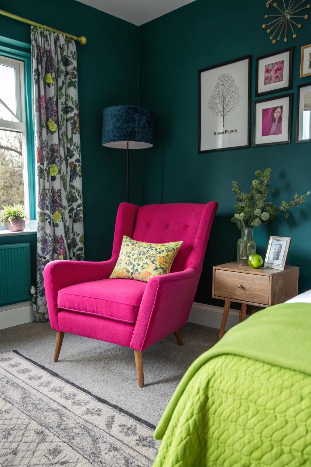 Unexpected colors bring out a playful twist to dark teal.