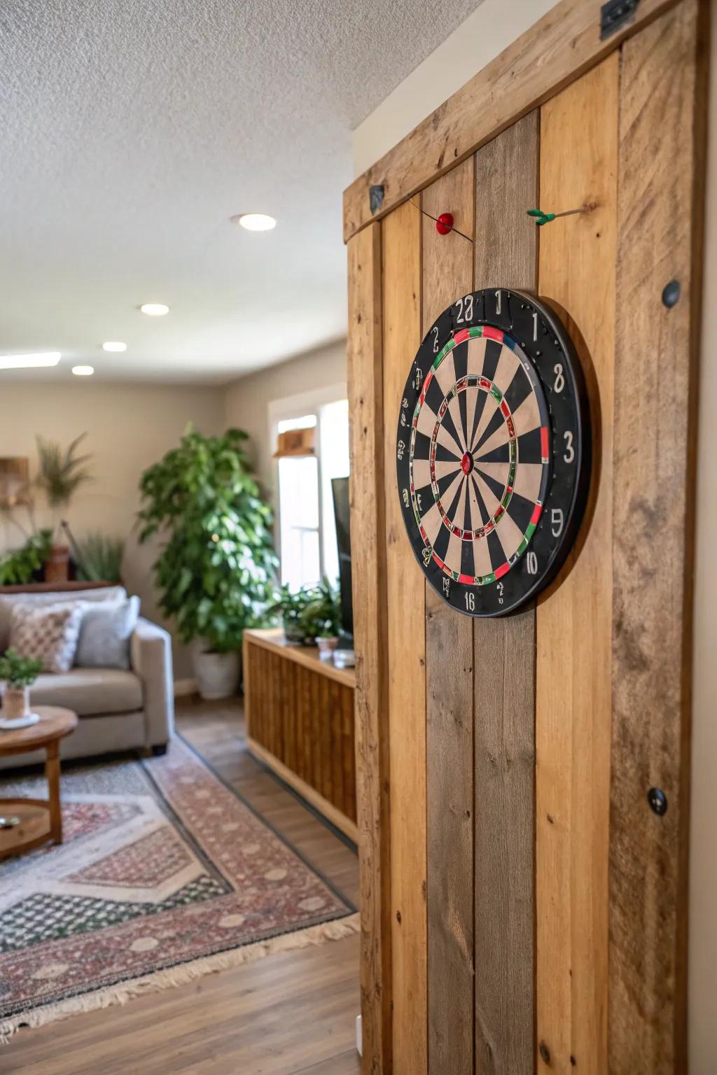 Reclaimed wood brings a touch of rustic charm to your dart board wall.