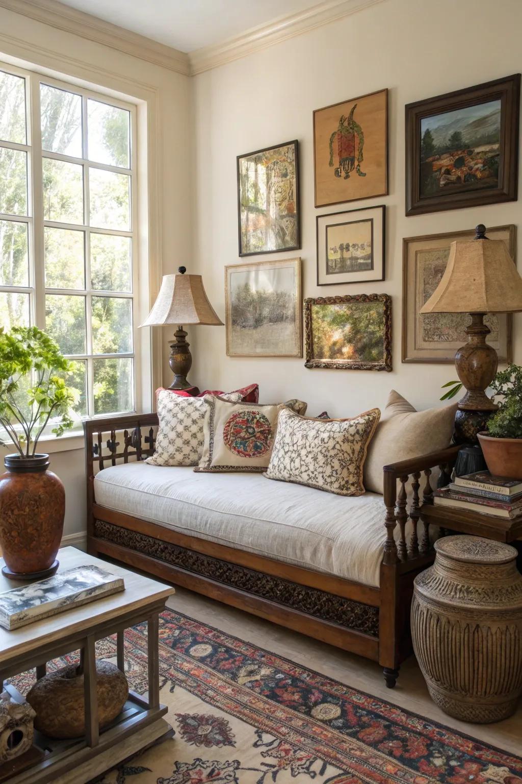 A daybed enhanced by artful touches, constructing a captivating focal point.