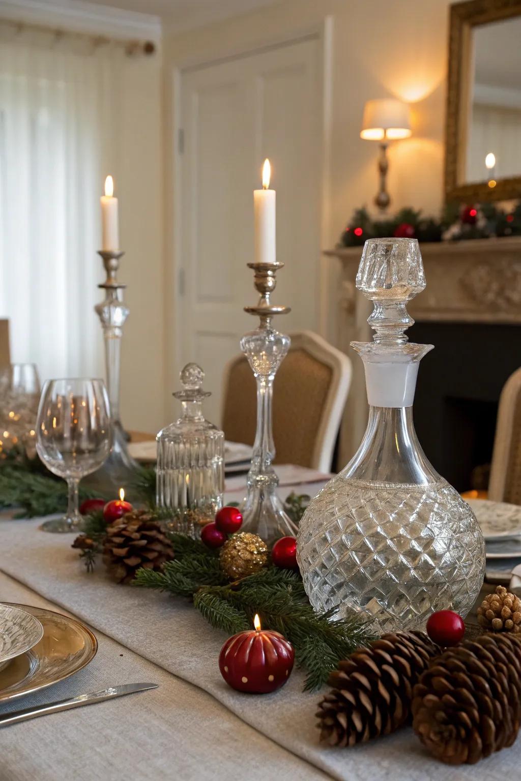 A festive table centerpiece featuring glass vessels and seasonal decor.