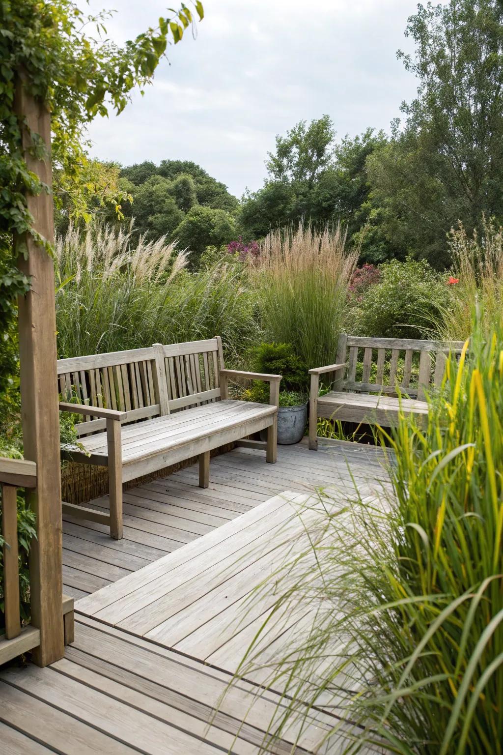 High-backed benches offer privacy and a cozy atmosphere.
