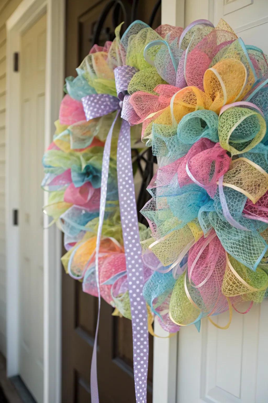 Layers of mesh and ribbon add elegance to this fall wreath.