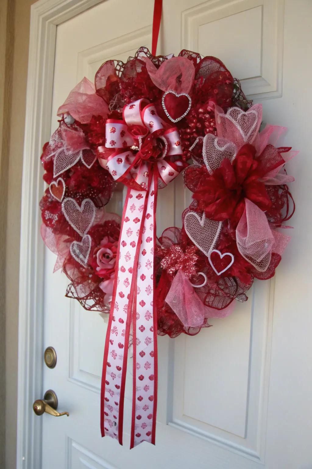 A romantic Valentine’s Day deco mesh wreath that celebrates love.