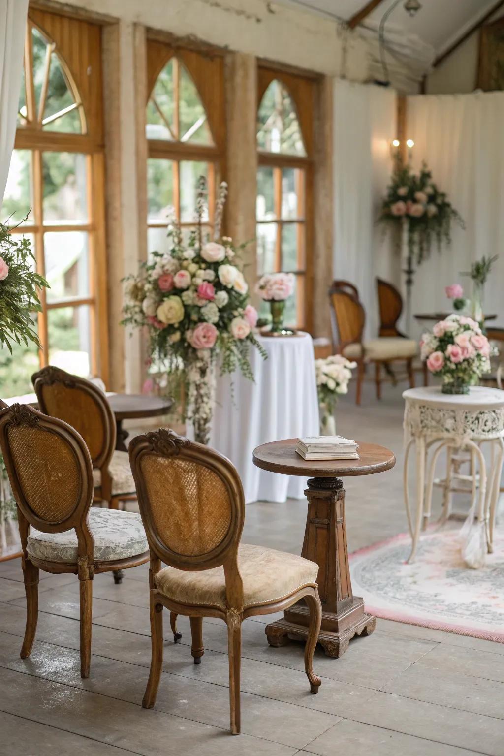 Charming vintage decor adding character to a wedding venue.