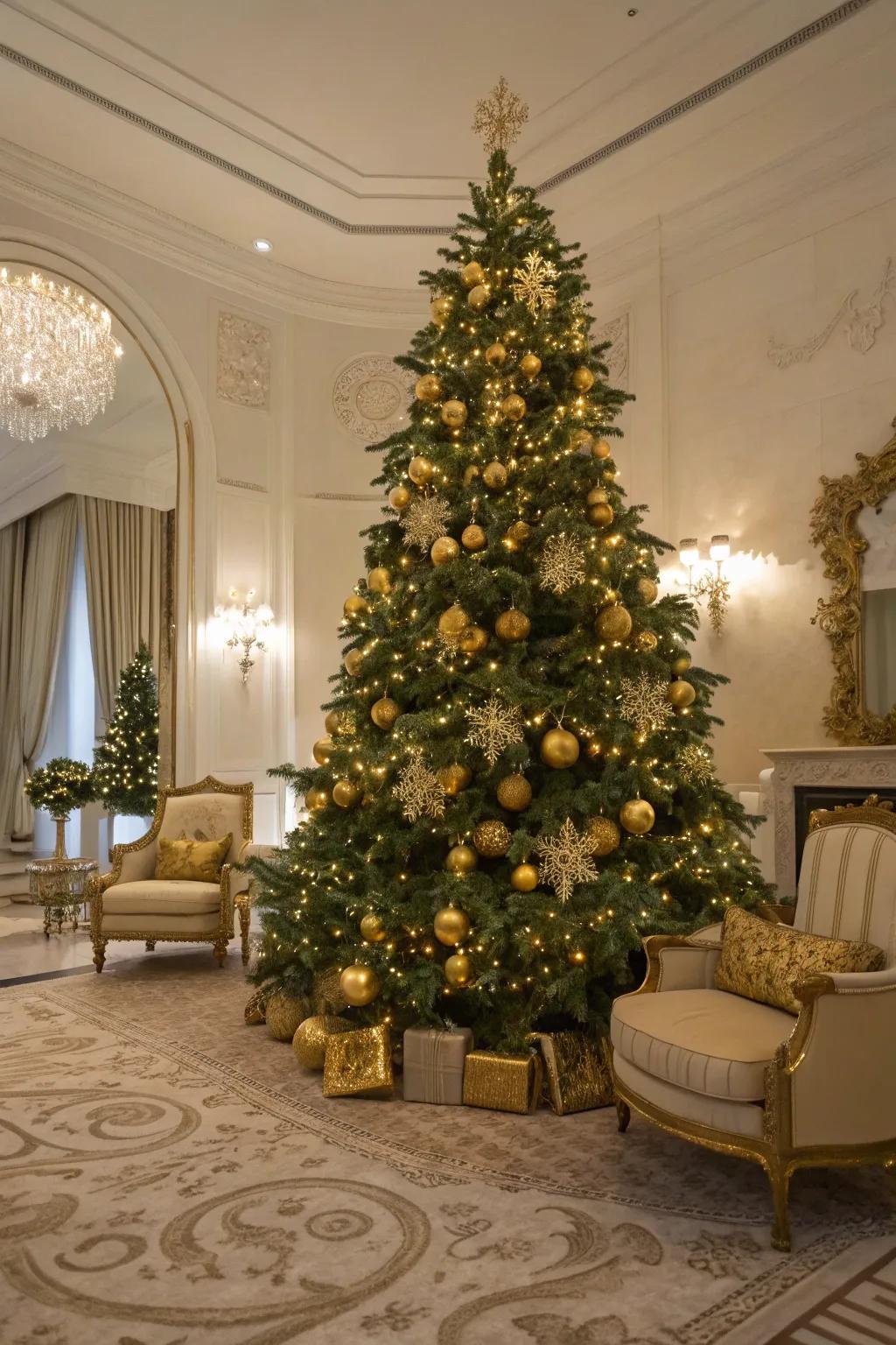 A glamorous gold-themed Christmas tree with shimmering lights and decorations.