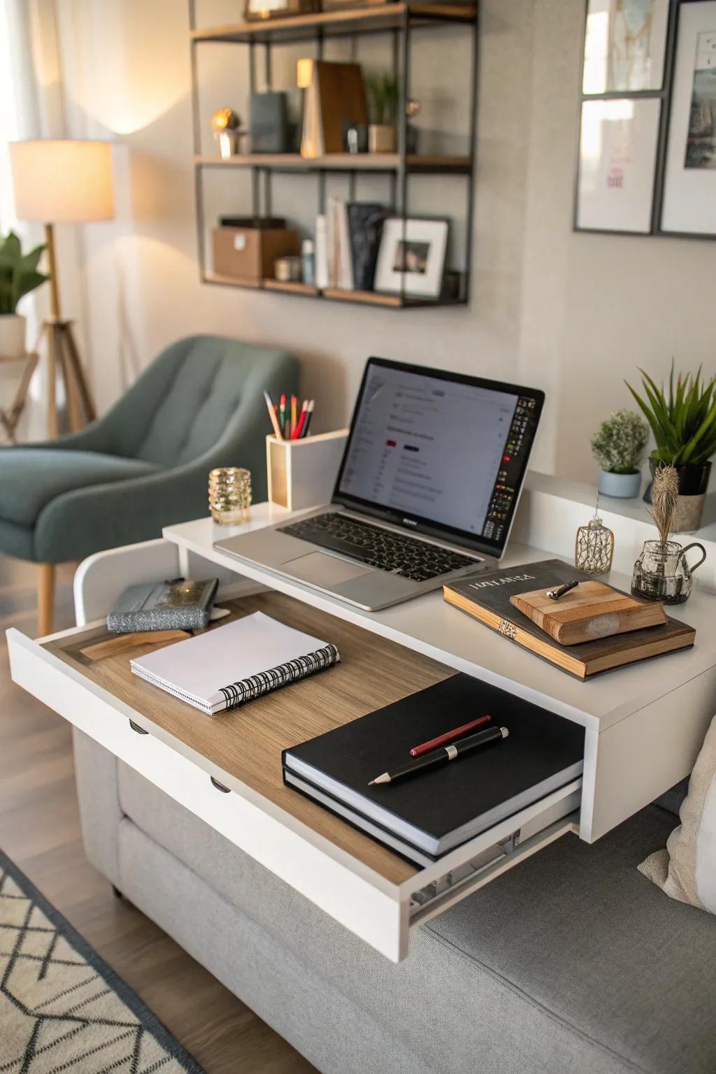 A floating workstation merges functionality with elegance.