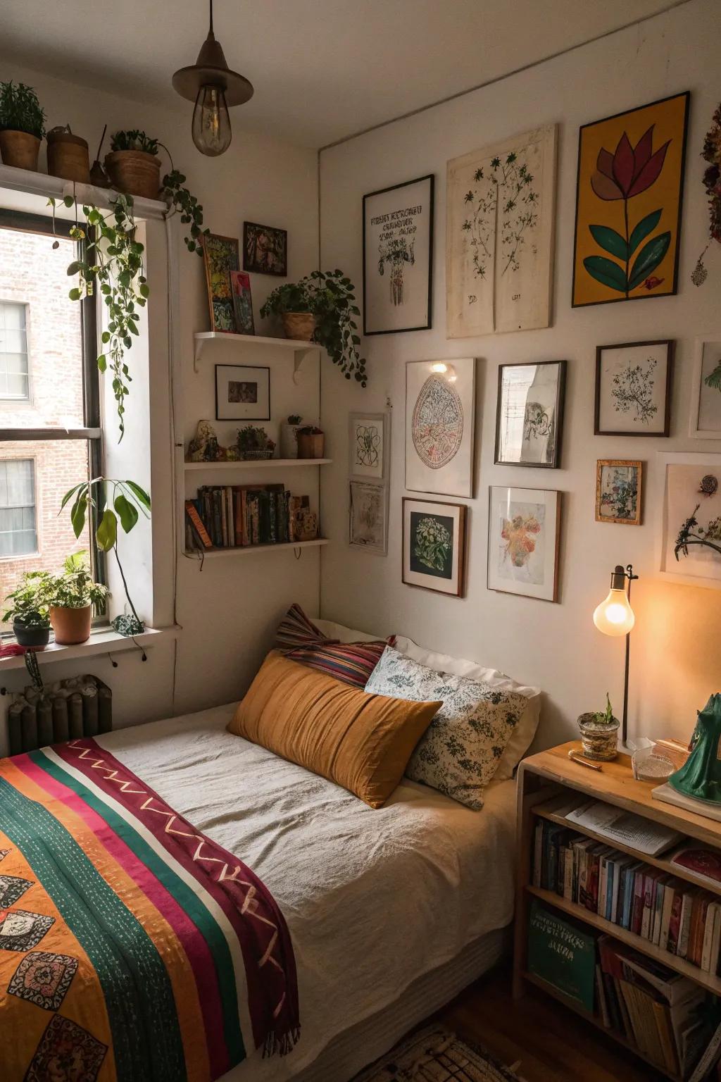 Personal art and decorations contribute warmth to a small bedroom.