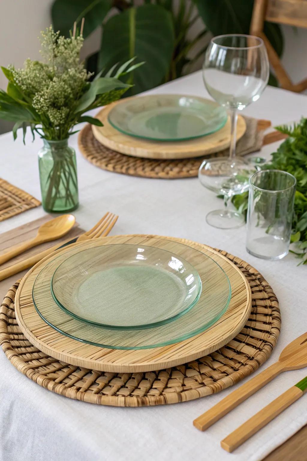 Eco-friendly presentation plates made from bamboo and recycled glass.