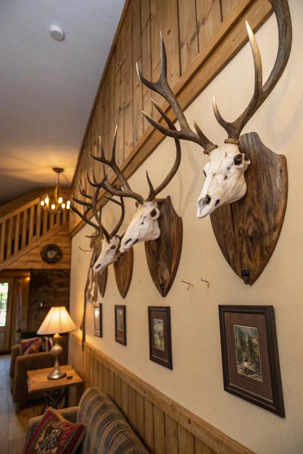 A set of rustic panels creates a cohesive display of deer skulls.