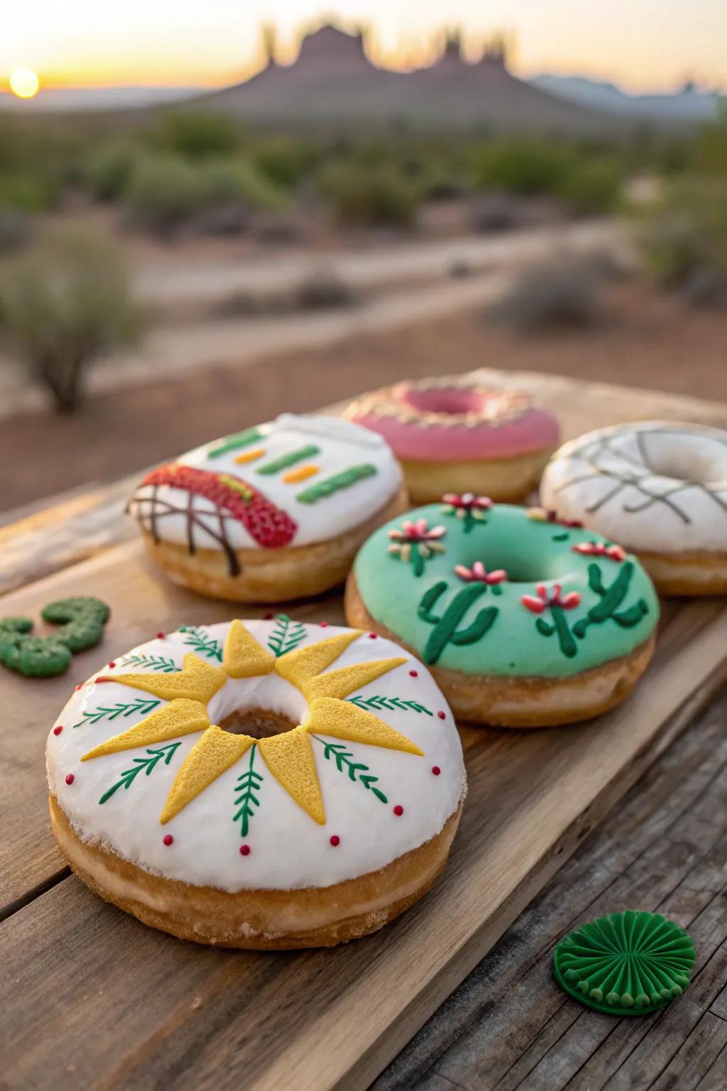 Circular dough delights adorned with arid land-themed motifs such as sunbursts and spiked goodness.