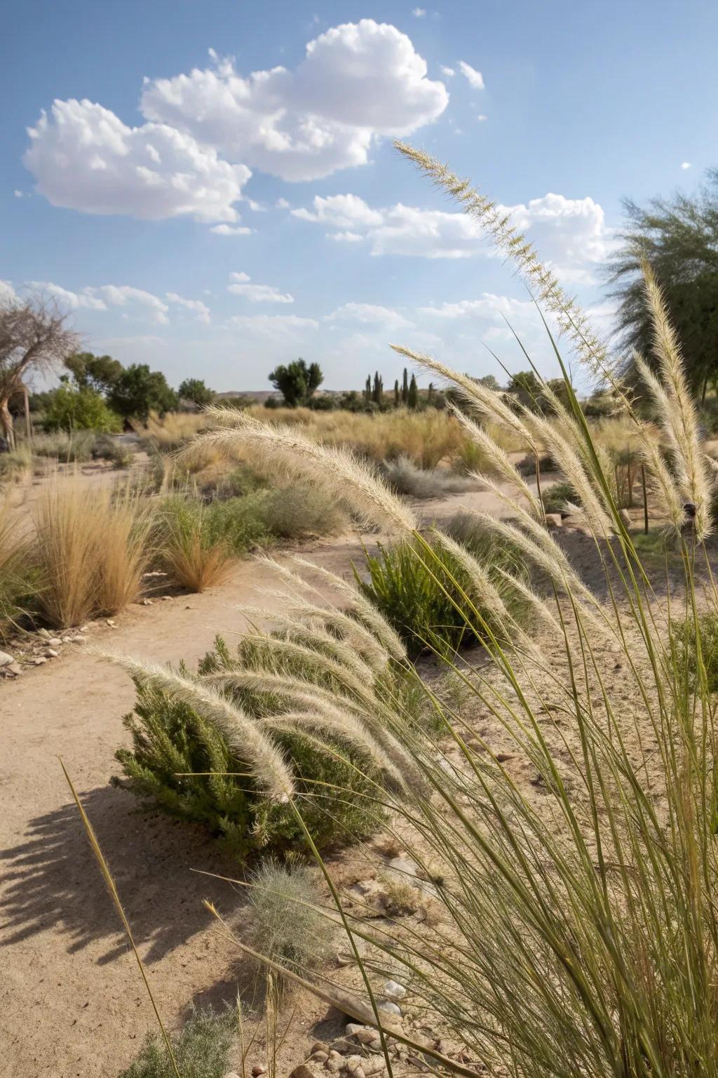 Decorative grasses generating subtle motion within the desert garden.