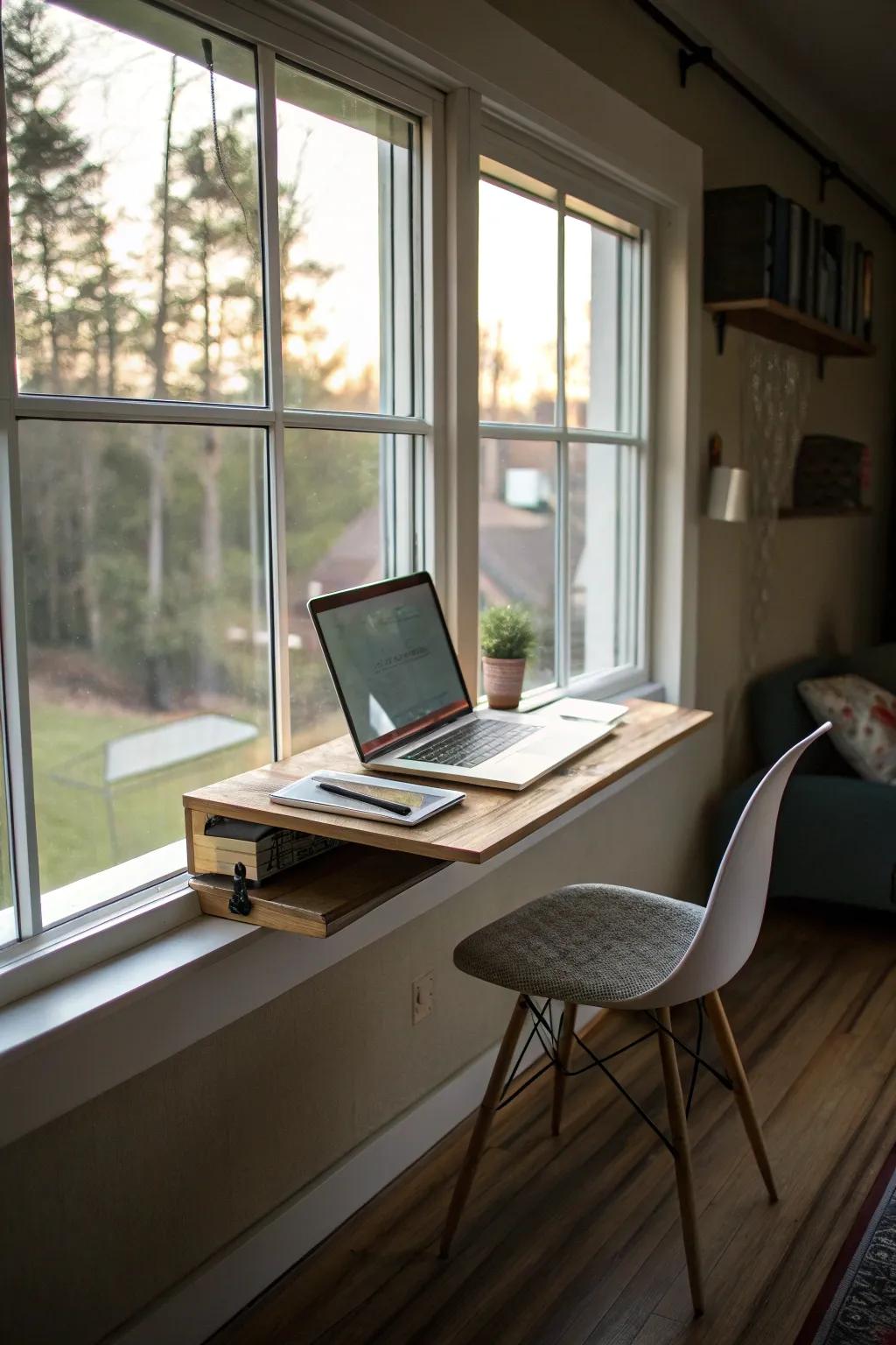 A wall-mounted desk maximizes space in a small area.