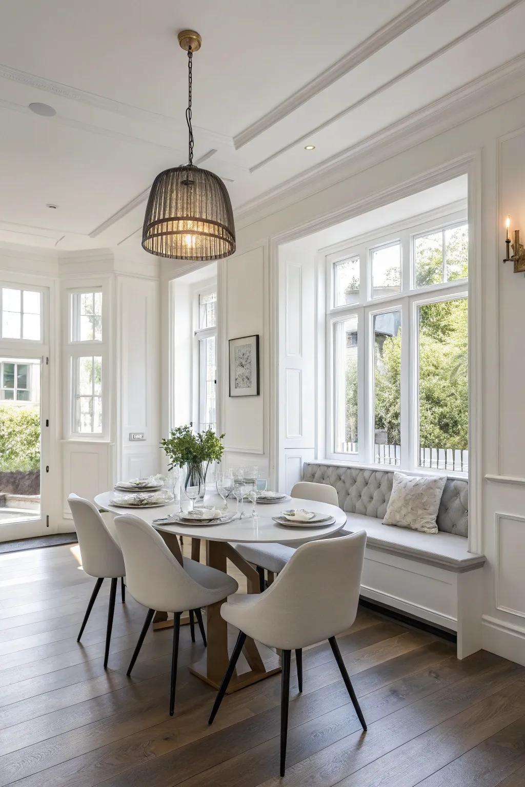 A fresh and airy dining space accentuated by simple whites.