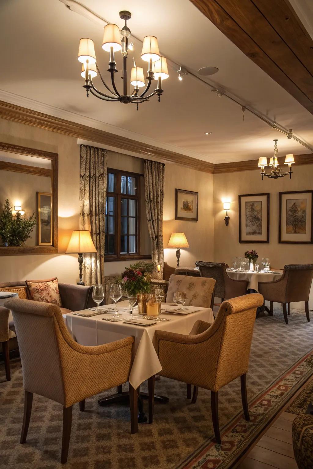 Gentle lighting and cozy seating create a warm and inviting dining experience.