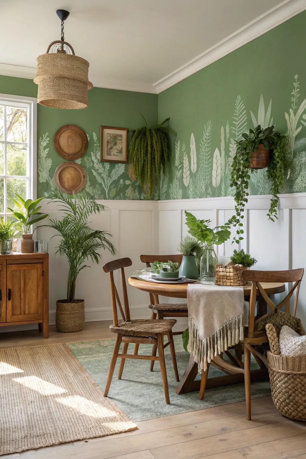 Nature-inspired greens promote relaxation in the dining room.
