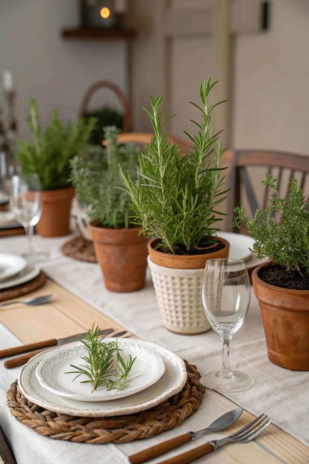 Potted herbs add a fresh and fragrant element to the table.