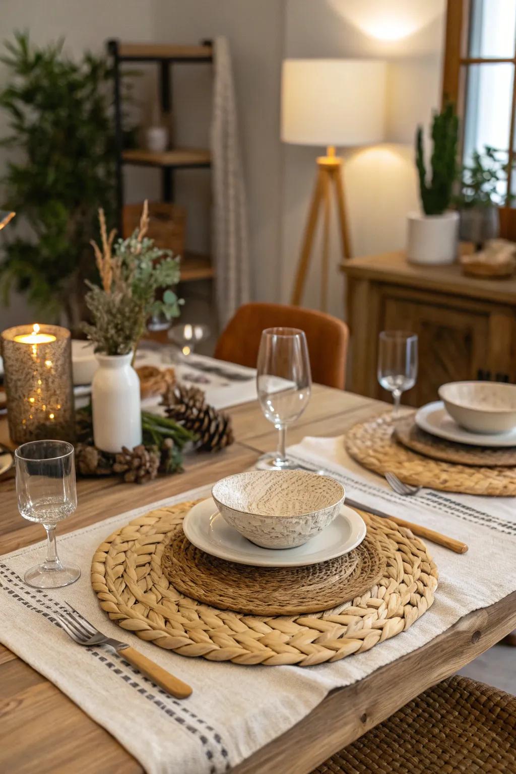 Rustic accents add warmth and character to the table.