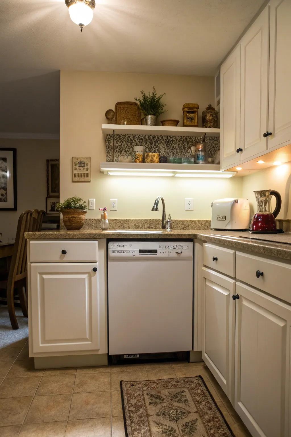 Strategically lit kitchen area emphasizing the dishwasher.