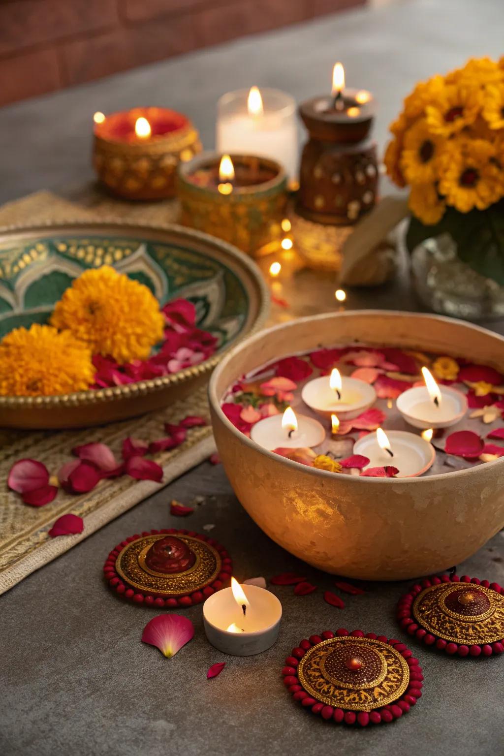 Floating candle bowls accented with petals create an enchanting visual on the Diwali surface.