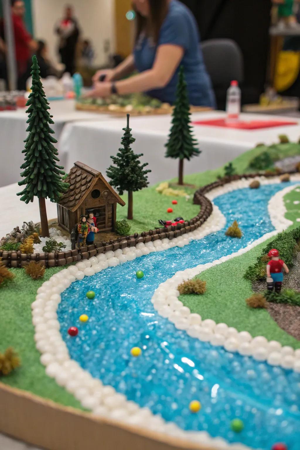 A sparkling river made from water beads flows through the Golu display.