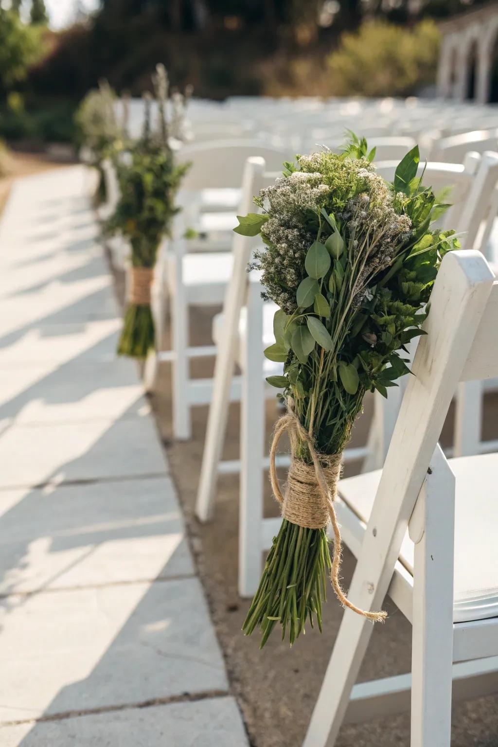 Herb bundles contribute a crisp and fragrant touch to the aisle.