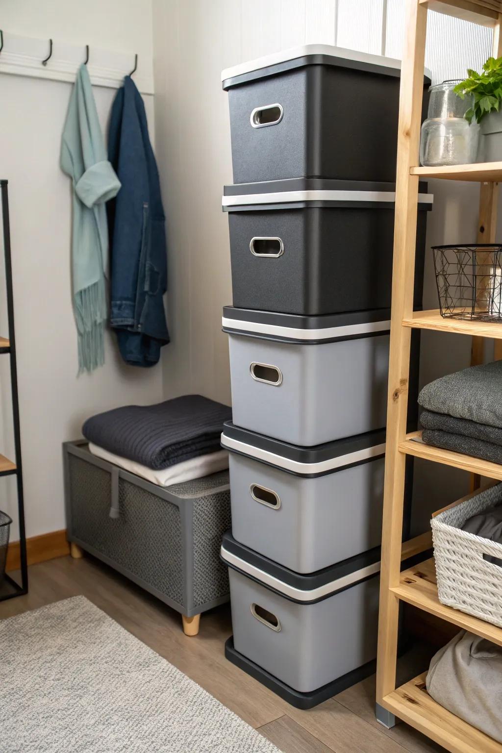 Nestable storage bins maximize vertical area in compact living spaces.