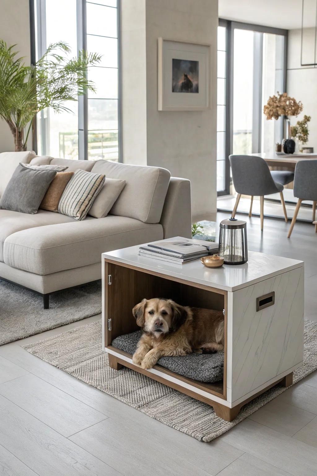 A contemporary living space showcasing furniture incorporating a dog cubby for both comfort and style.