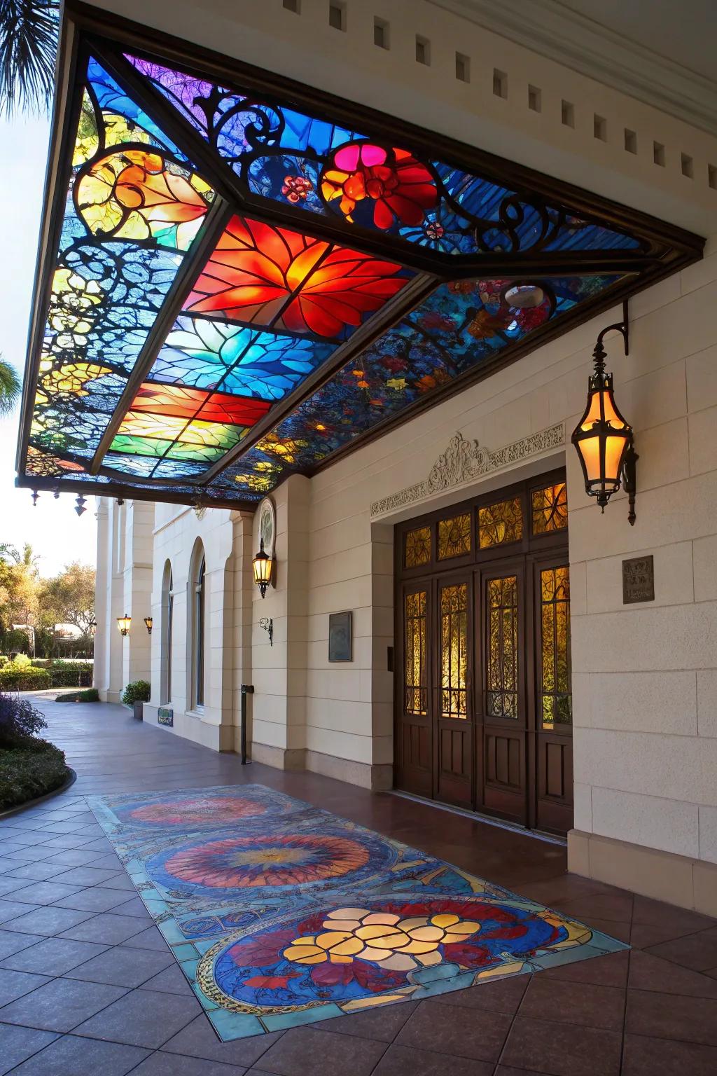 A tinted mosaic shelter that creates a kaleidoscope of colors.