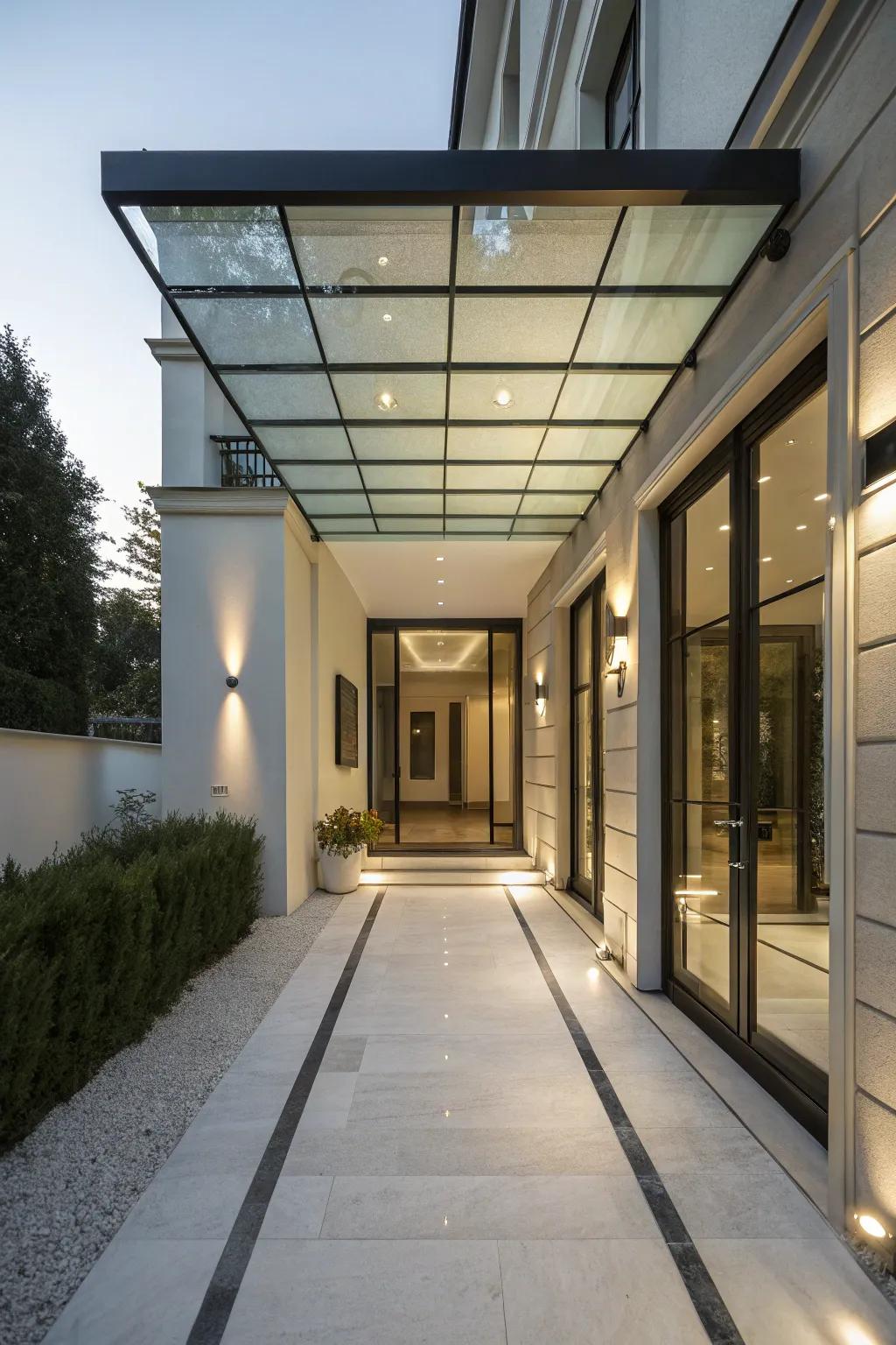 An entrance with a streamlined glass panel roof.
