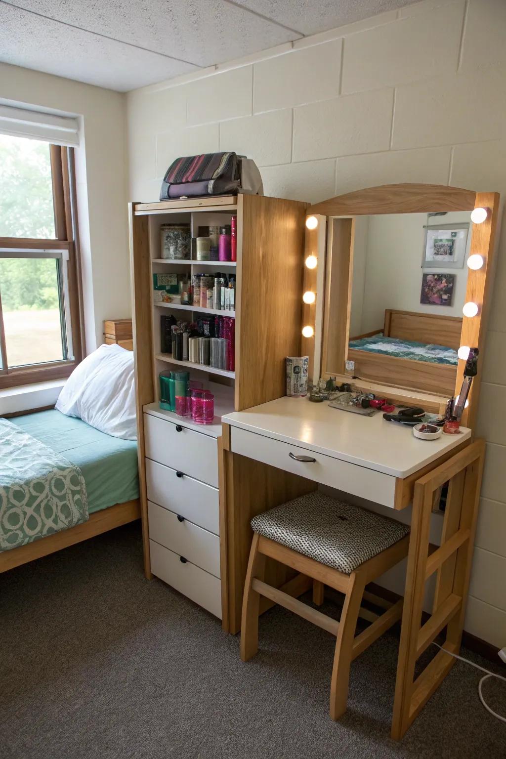 Dual-purpose furniture maximizes dorm room space.