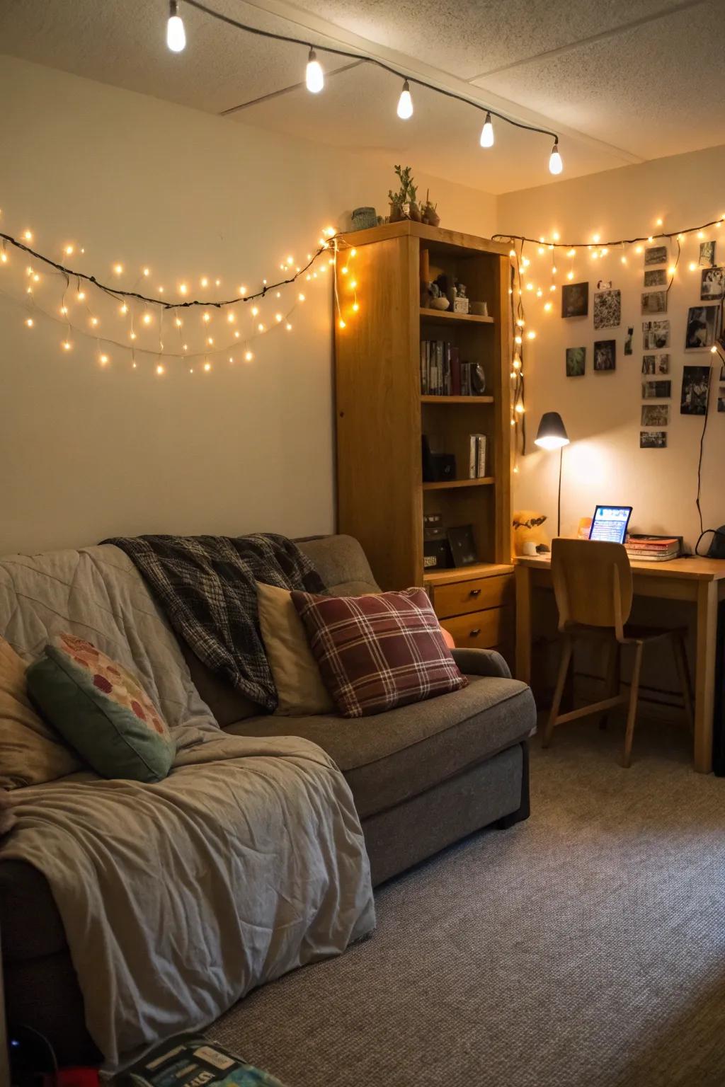 Warm lighting makes the area around the couch feel more inviting.