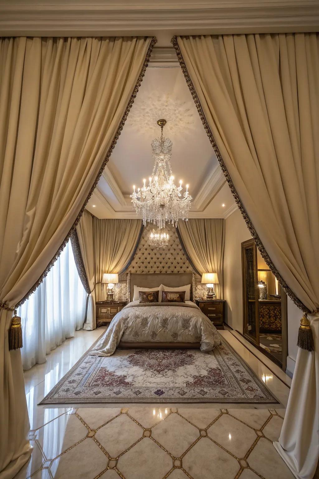 Floor-length curtains add a touch of drama and elegance to this luxurious bedroom.