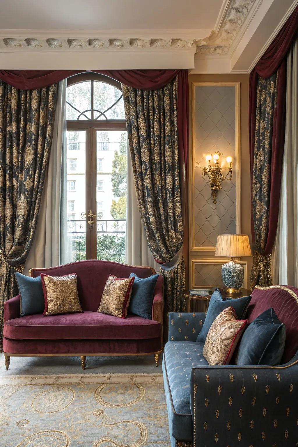 Plush materials and patterns add a luxurious touch to the room.