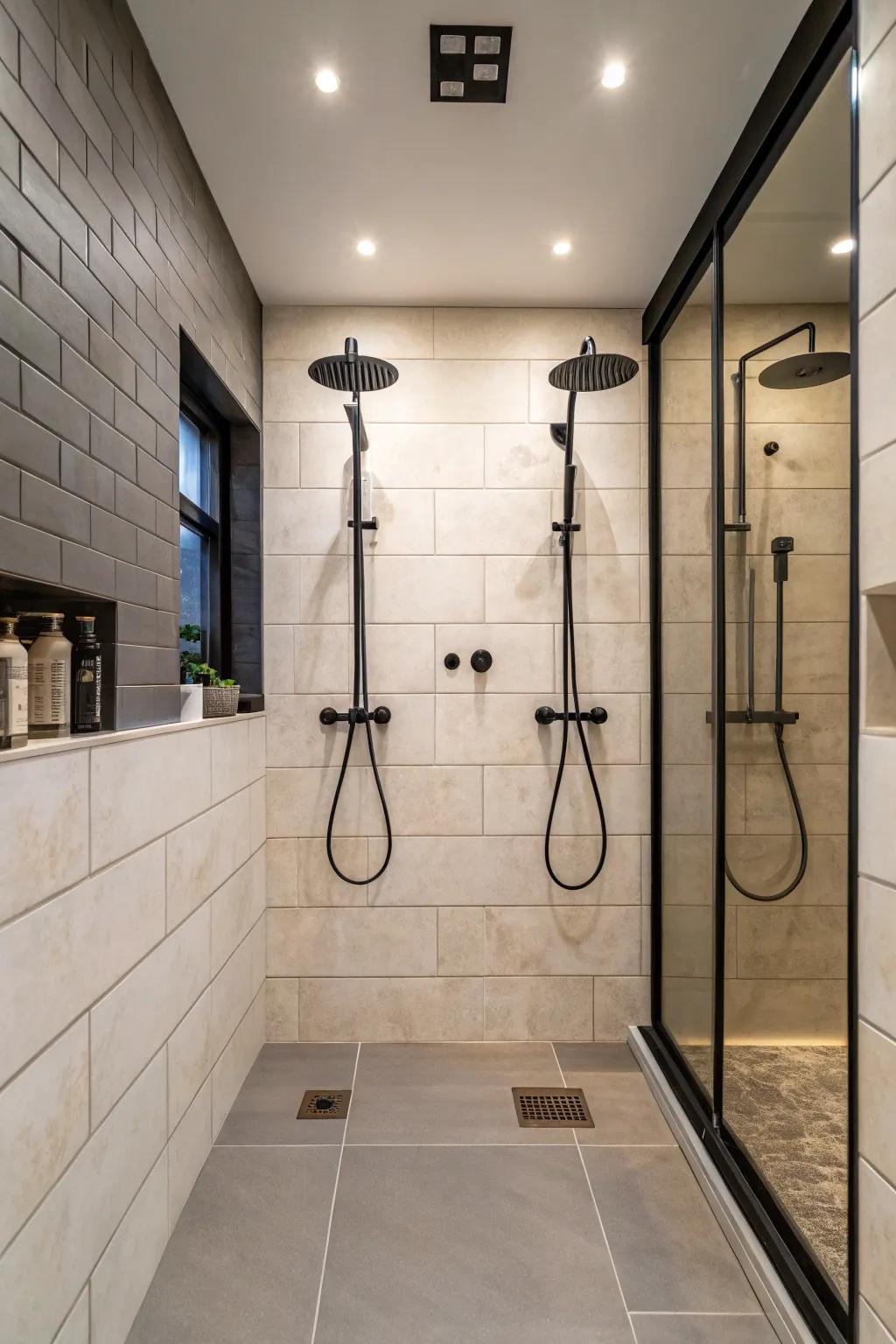Make a bold statement using contrasting components in your double shower.