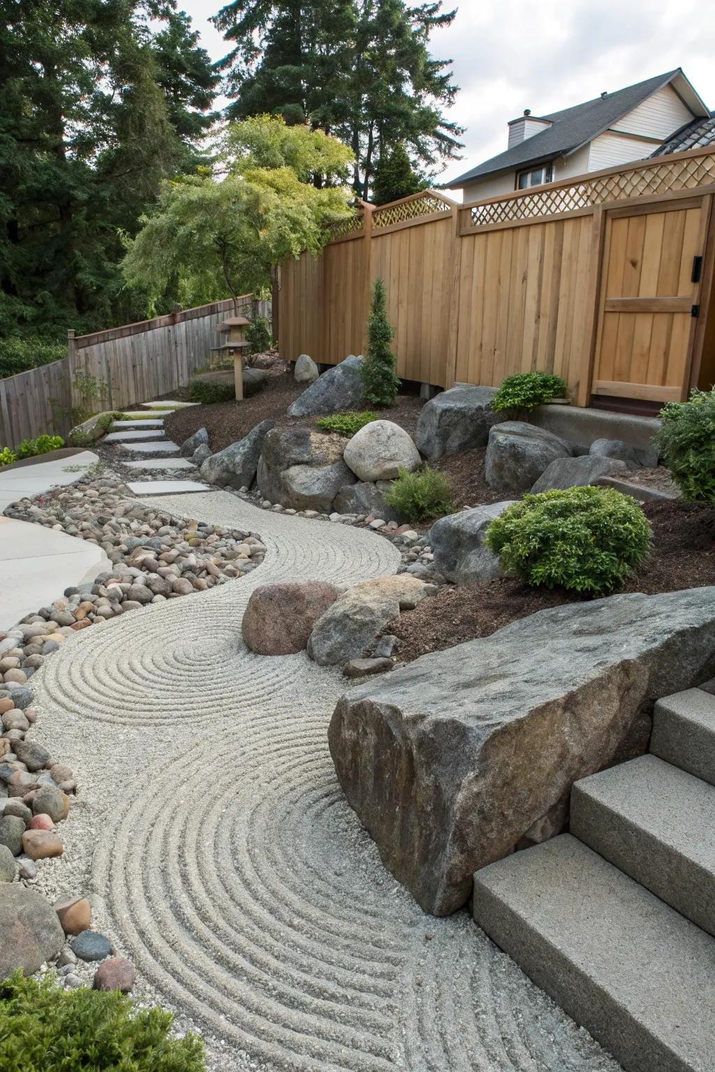 Zen rock spaces deliver serenity and beauty to sloped landscapes.