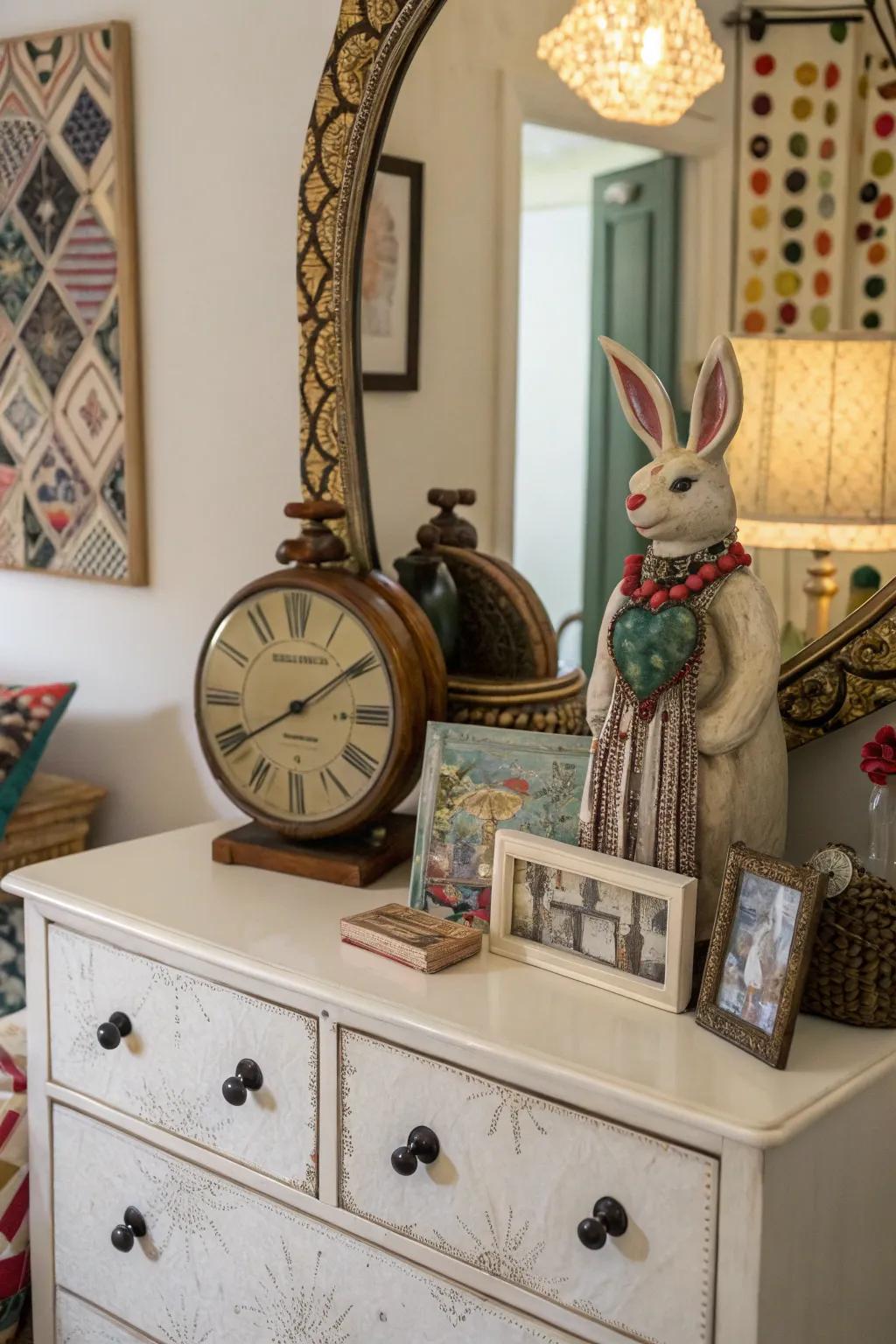 Unexpected decor adds character and sparks interest on the dresser.