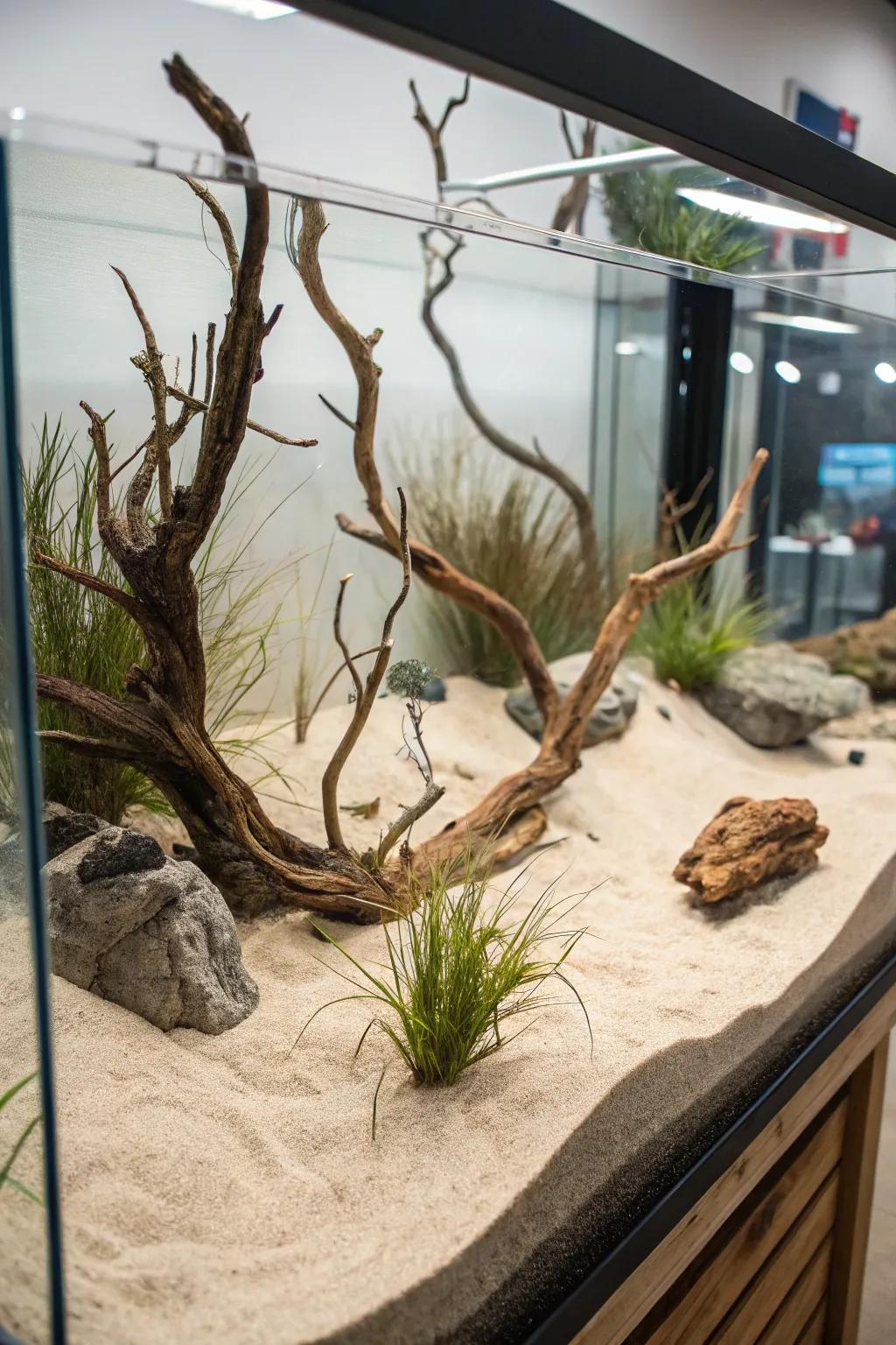 A striking desert oasis aquarium with timber and minimalistic elements.