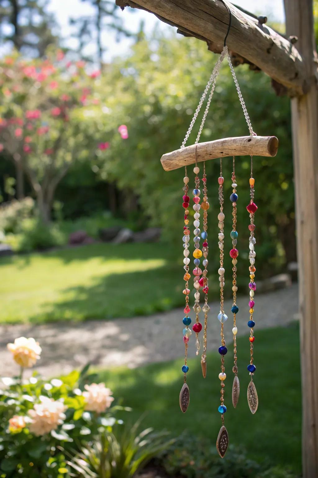 Found-wood wind chimes create both visual and auditory beauty.