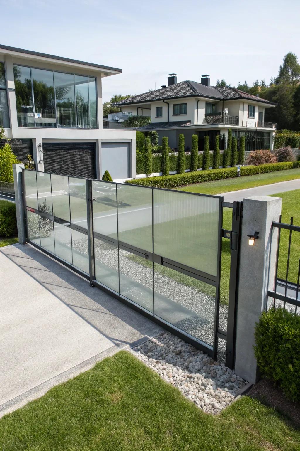 A gate with glass sections offering modern transparency and style.