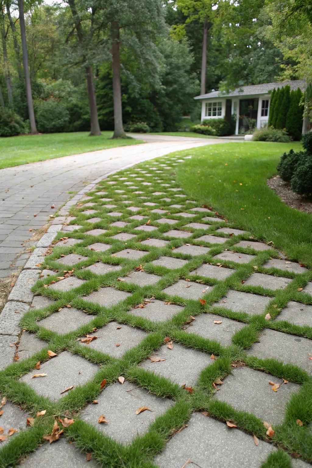 Natural aesthetic featuring grass-surfaced bricks in the driveway.