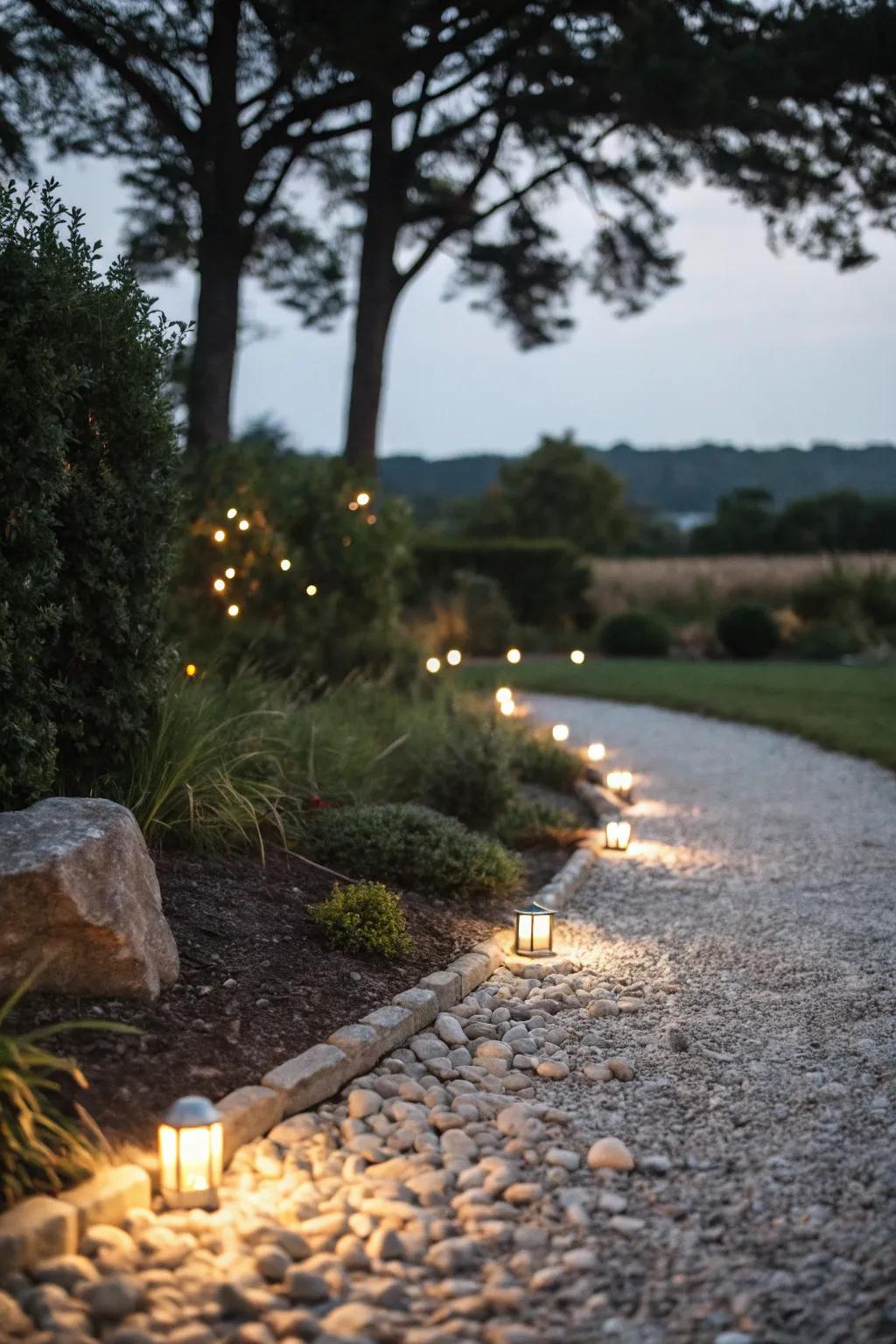 A stone path wonderfully illuminated by solar lights.