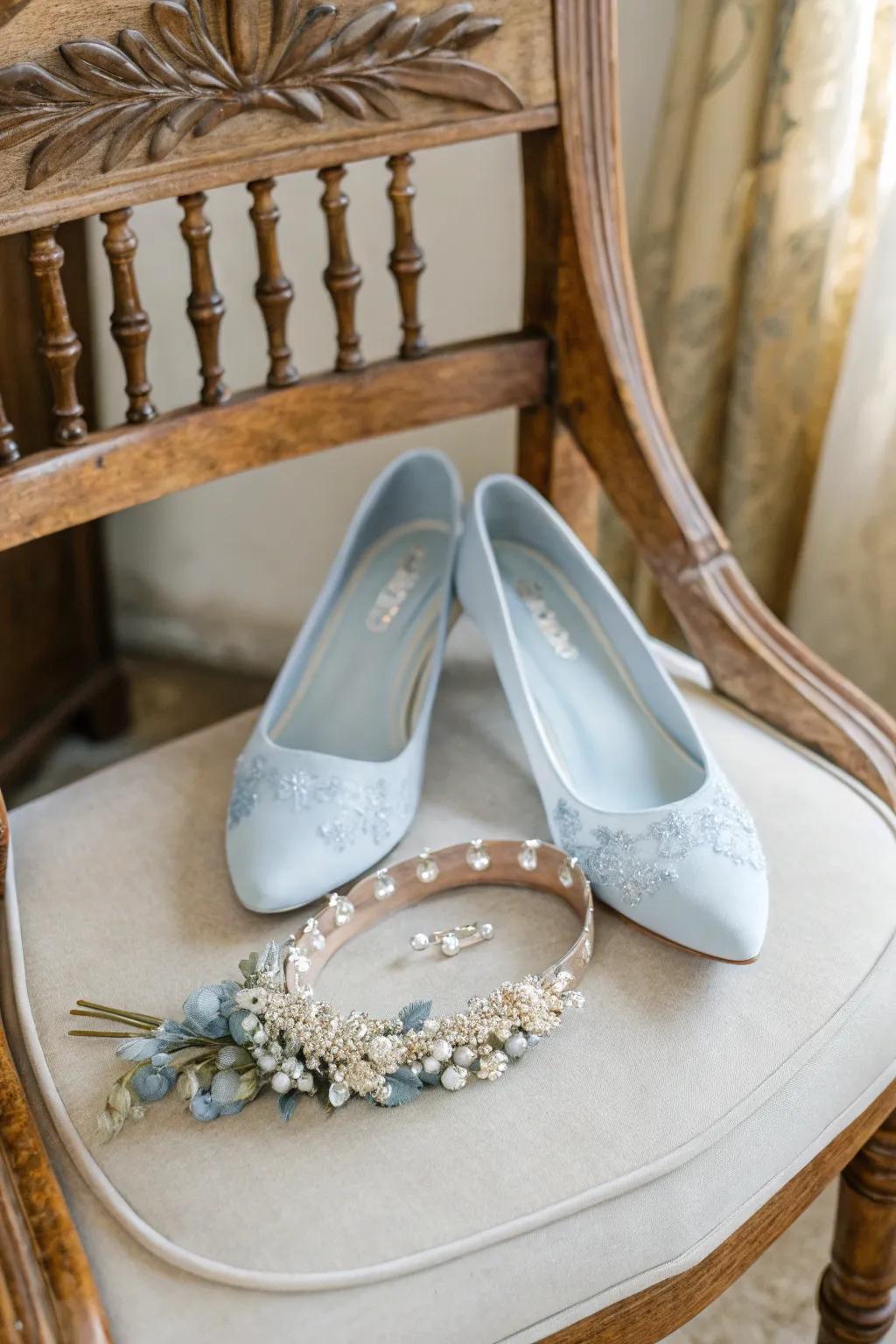 Charming bridal accessories in dusty blue that add a personal touch to the wedding ensemble.