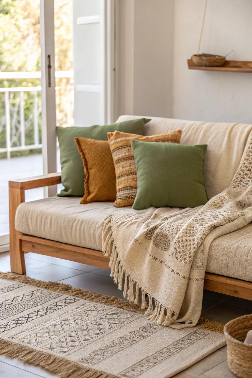 Incorporate depth with textured fabrics for a cozy vibe. 🧶 #TextileLover #CozyDecor #EarthTones